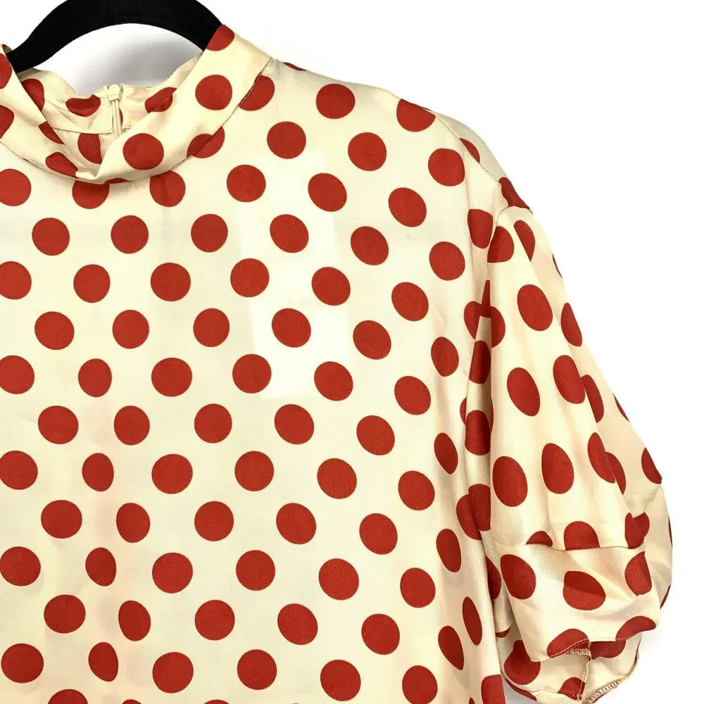 Zara Trf High Neck Puff Sleeve Blouse Womens Size Medium Cream Orange Polka Dot